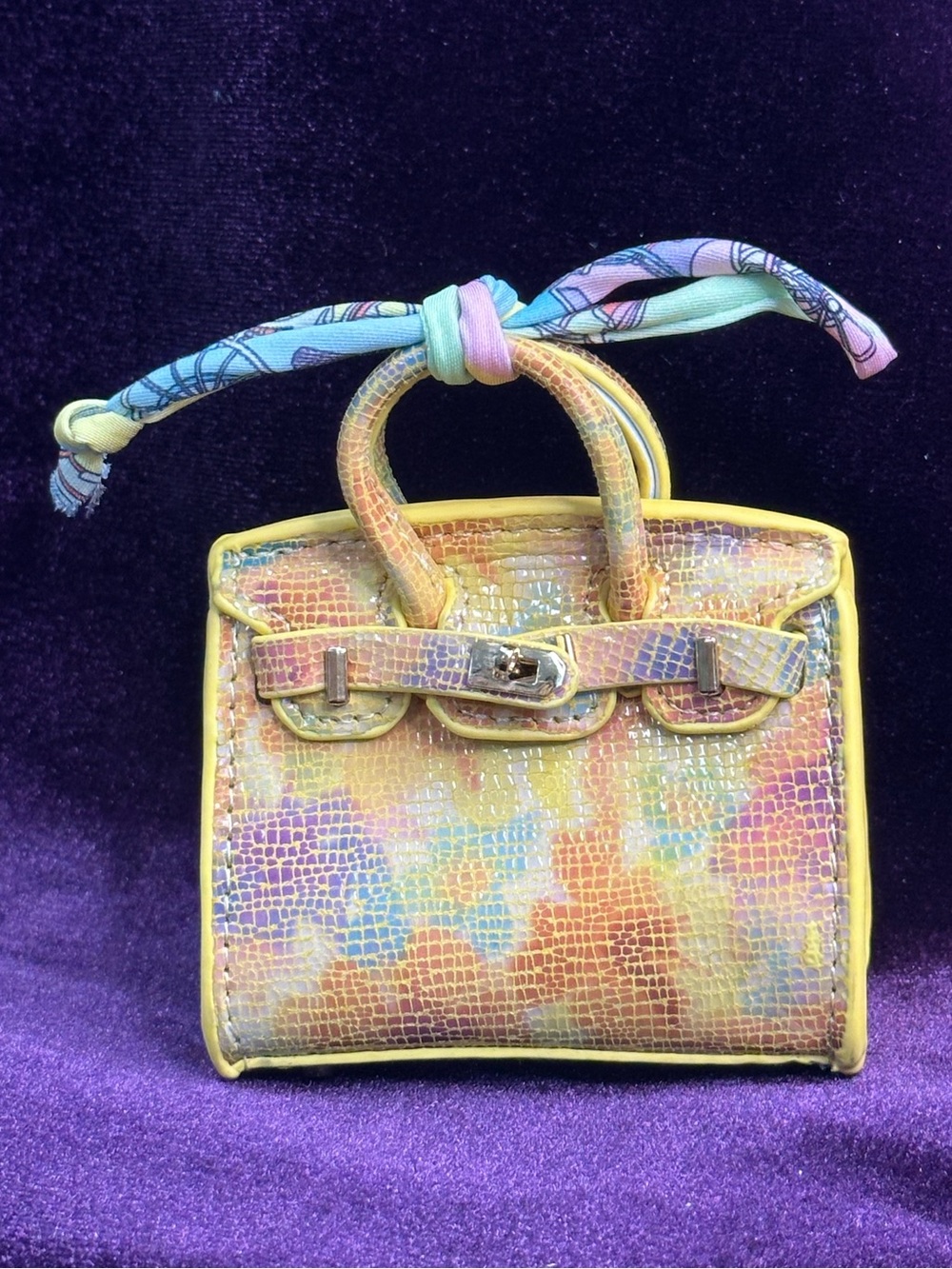 iridescent pastel mini bag charm w/ twilly scarf tie
